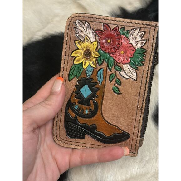 Southwestern Hand Tooled Painted Hide Leather Coin Purse Pill Wallet Cowboy Boot - Picture 1 of 5